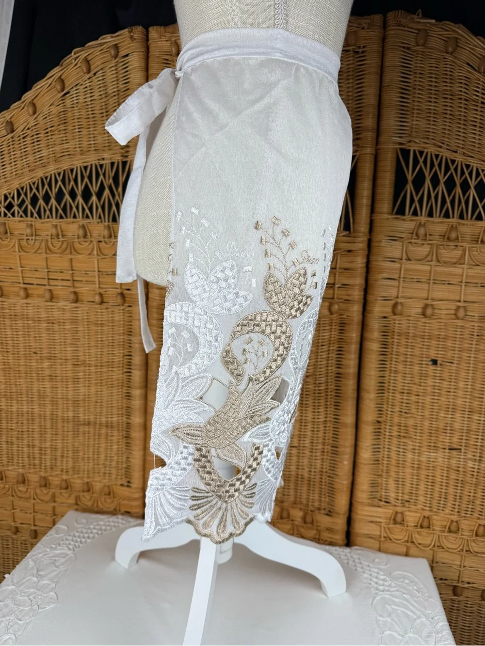 Elegant White & Champagne Embroidered Lace Tie-Waist Apron Skirt